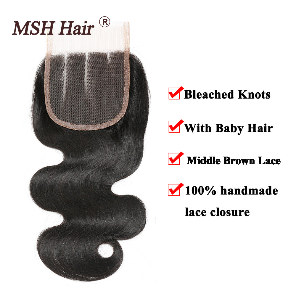 MSH Hair Brazilian Body Wave Human Hair Weave Bundles With 4*4 Lace Closure 130% Density Non Remy