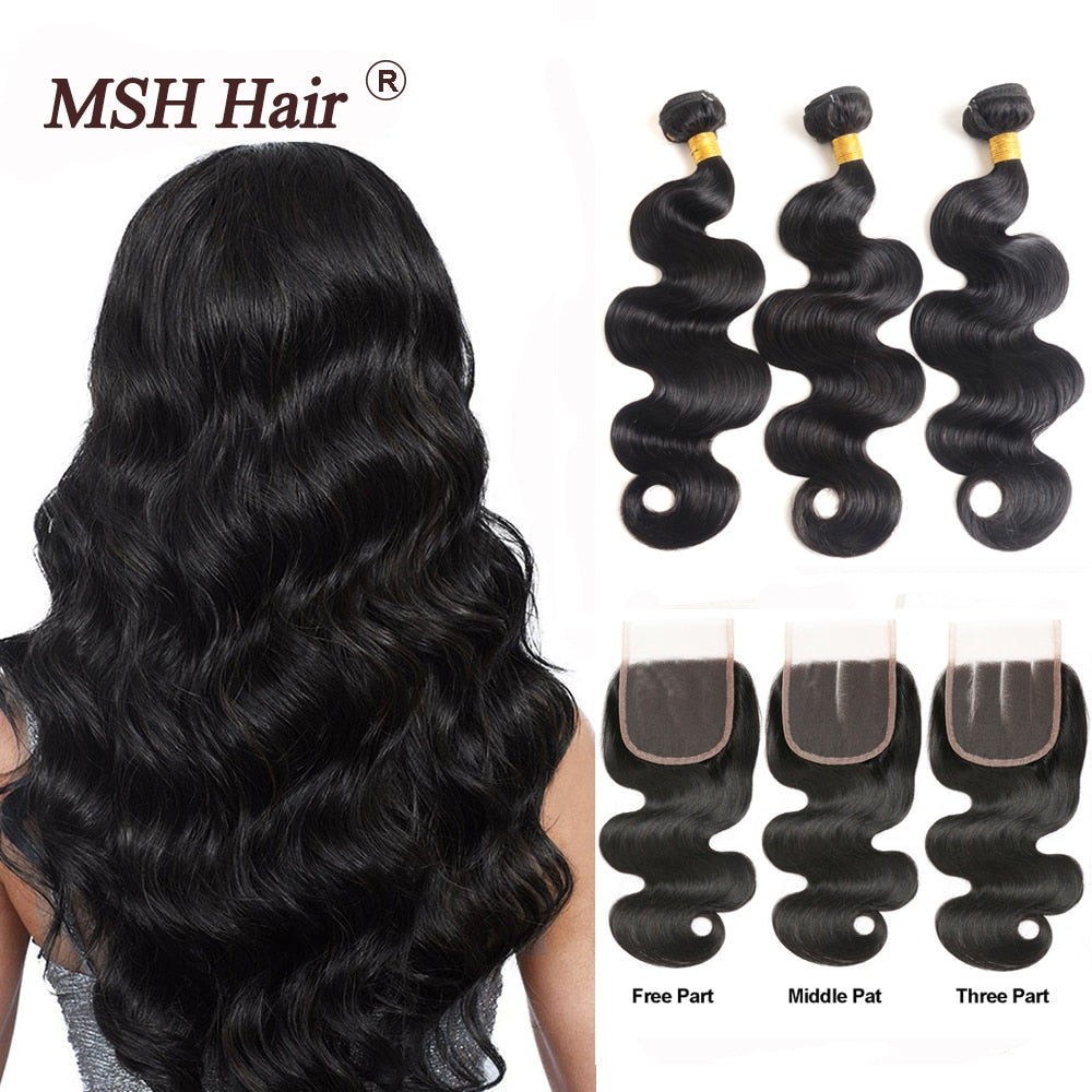 MSH Hair Brazilian Body Wave Human Hair Weave Bundles With 4*4 Lace Closure 130% Density Non Remy