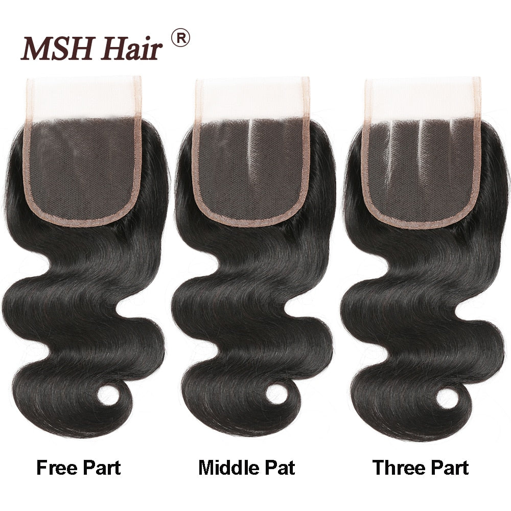 MSH Hair Brazilian Body Wave Human Hair Weave Bundles With 4*4 Lace Closure 130% Density Non Remy