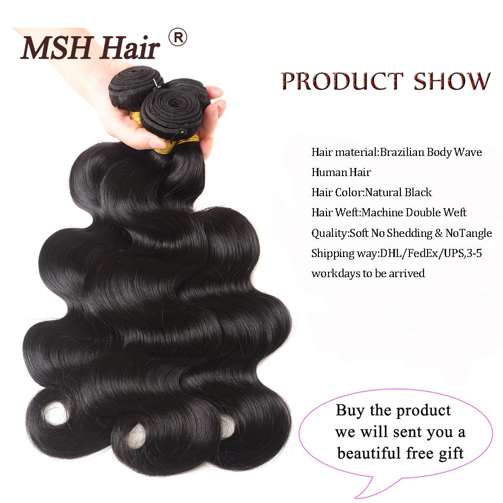 MSH Hair Brazilian Body Wave Human Hair Weave Bundles With 4*4 Lace Closure 130% Density Non Remy