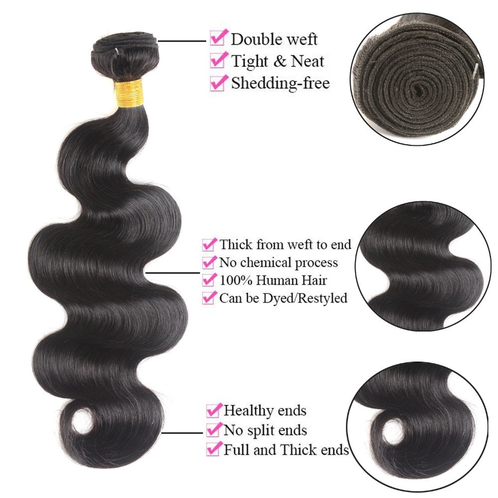 MSH Hair Brazilian Body Wave Human Hair Weave Bundles With 4*4 Lace Closure 130% Density Non Remy